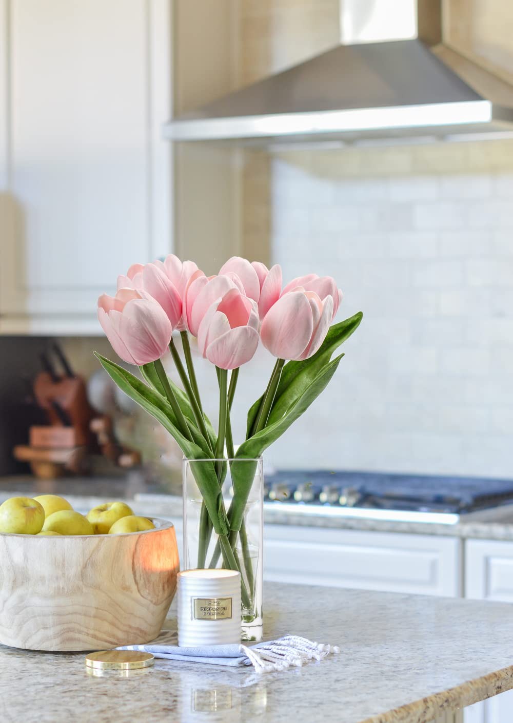 Pink Artificial Tulip Flower Fake Flowers Clear Vase Real Touch Arrangement