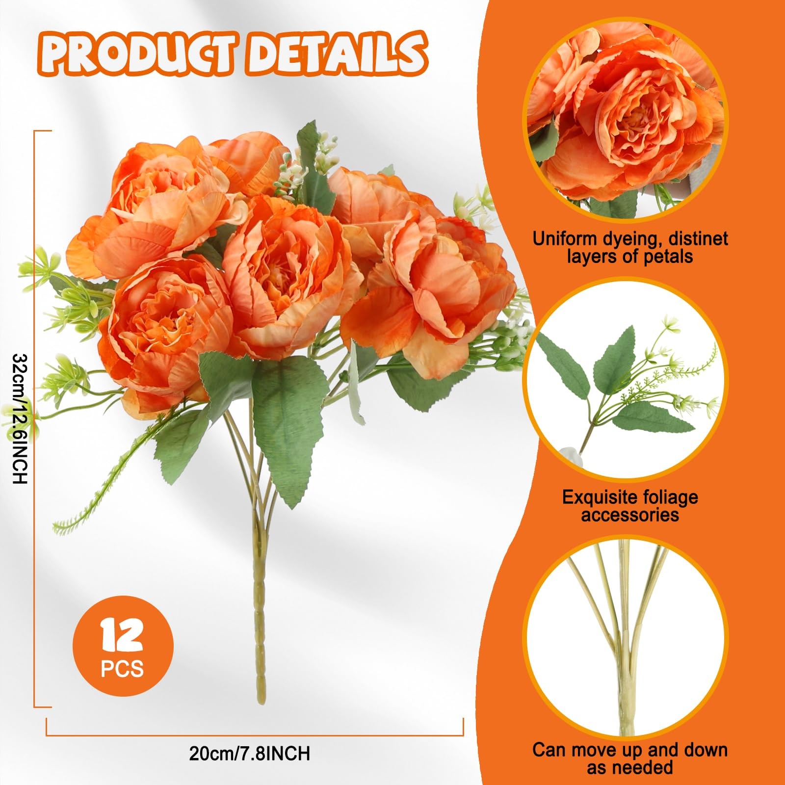 12 PCS Fall Orange Artificial Peonies Flowers Bouquet Centerpiece Table Decor