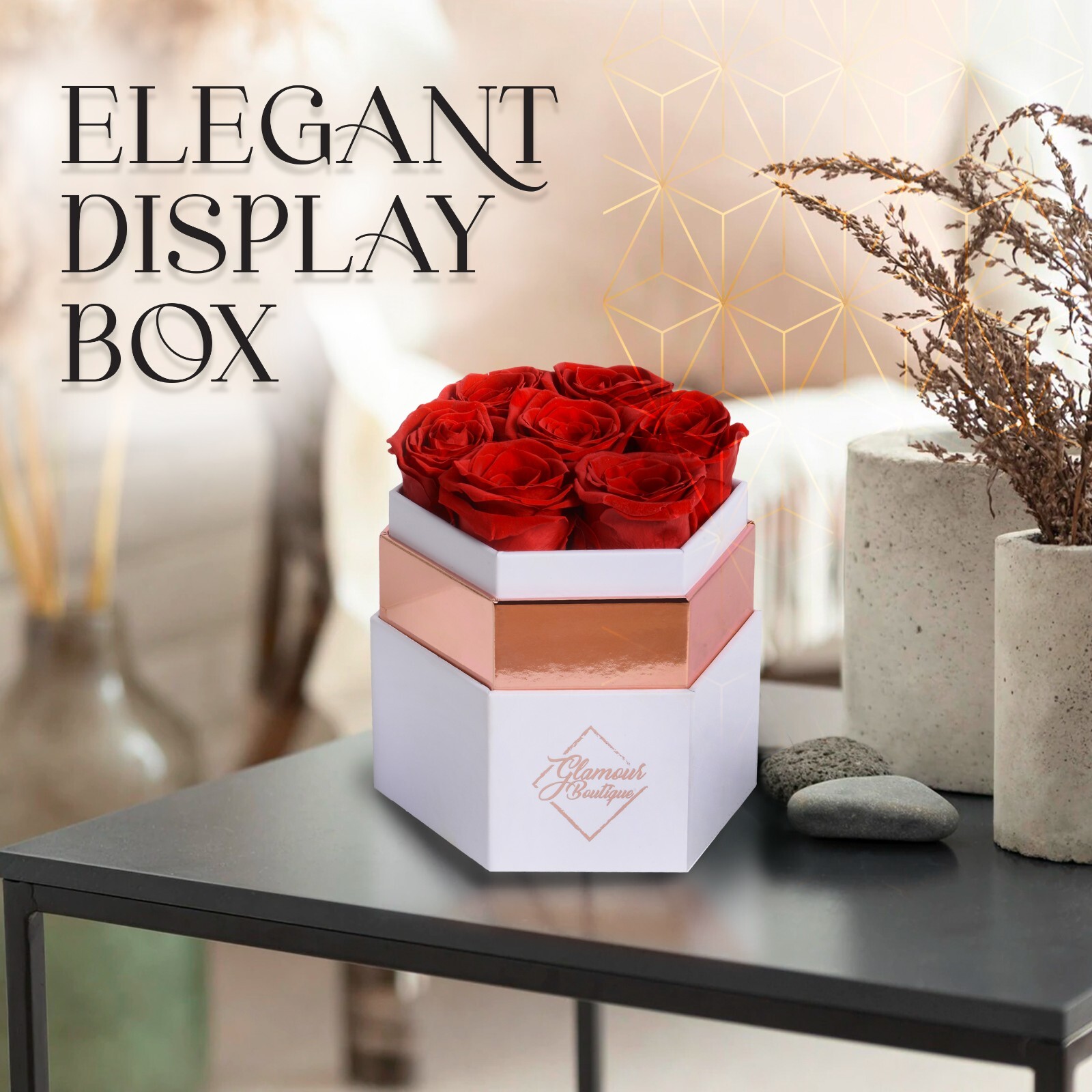Glamour Boutique Hexagon 7-Piece Forever Real Rose – Preserved Roses in a Box