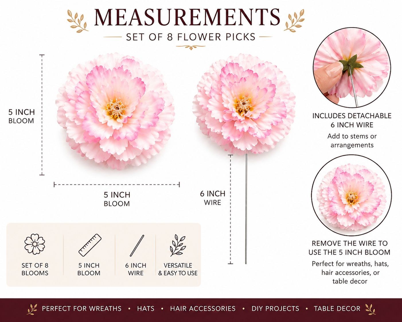 Blush Pink Peony Flower Picks Set of 8 Soft Pink Blooms Wired Floral for Wreaths