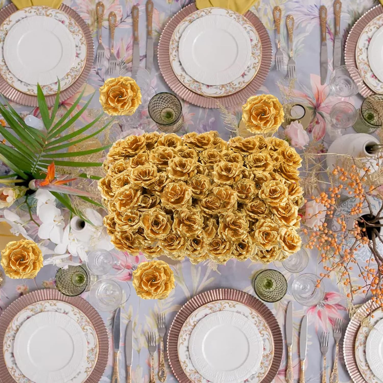 100 Pack Gold Roses Artificial Flowers Bulk, 3.5 Inch Silk Gold Faux Flowers