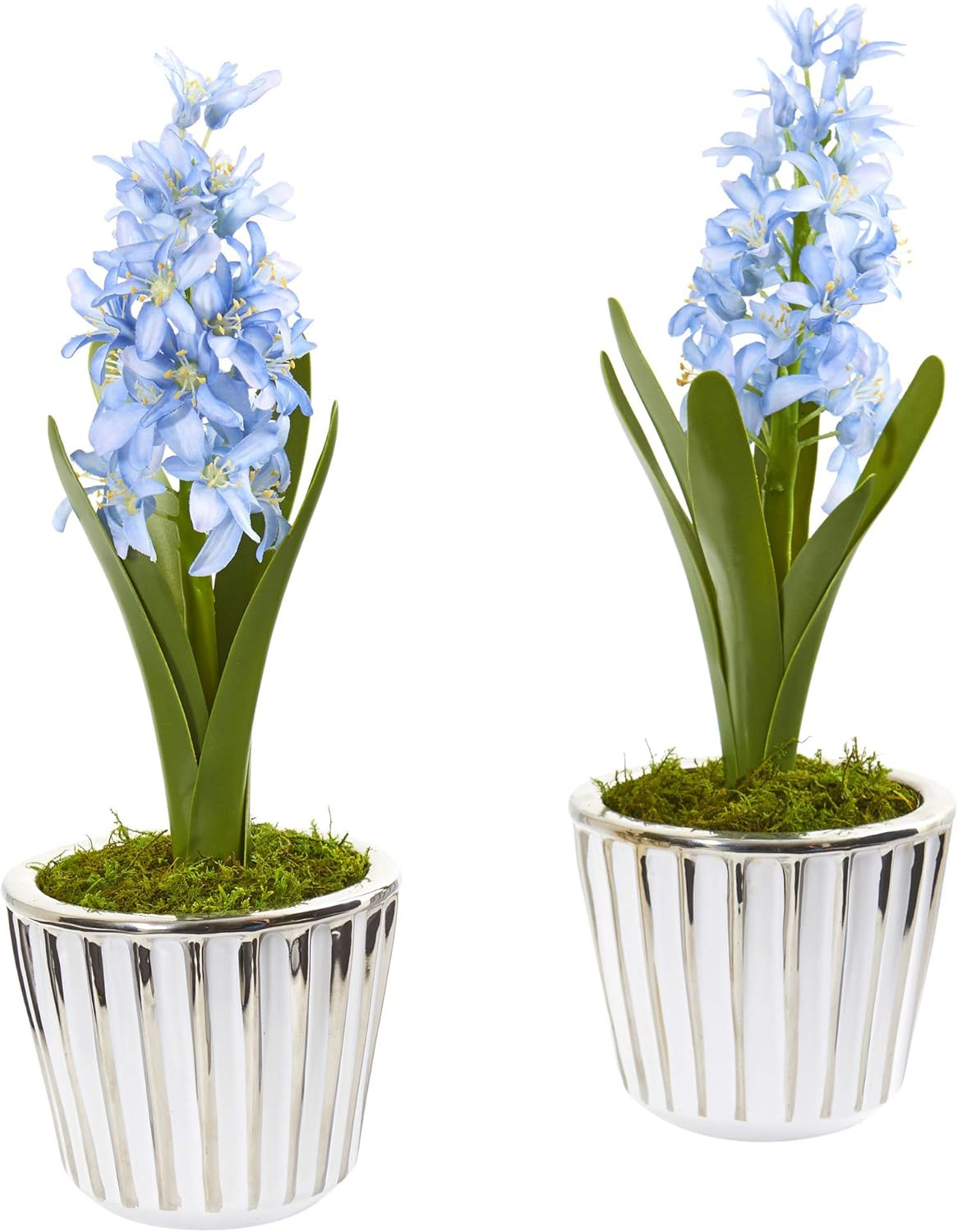 Set of 2 White Hyacinth Silk Arrangements in Silver Trimmed Vases
