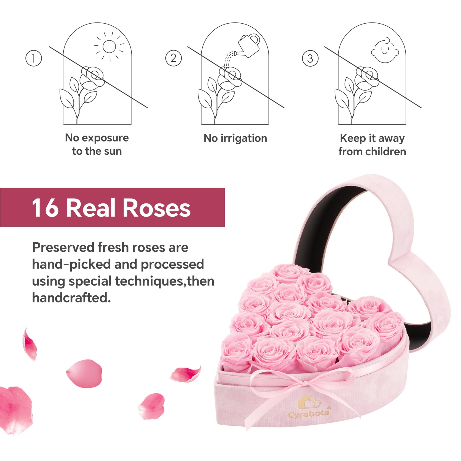 16 Preserved Roses Heart Shape Box Forever Real Roses Gift Valentines Pink