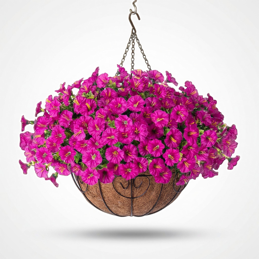 Fuchsia Artificial Hanging Flower Basket Faux Silk Morning Glory Patio Planter