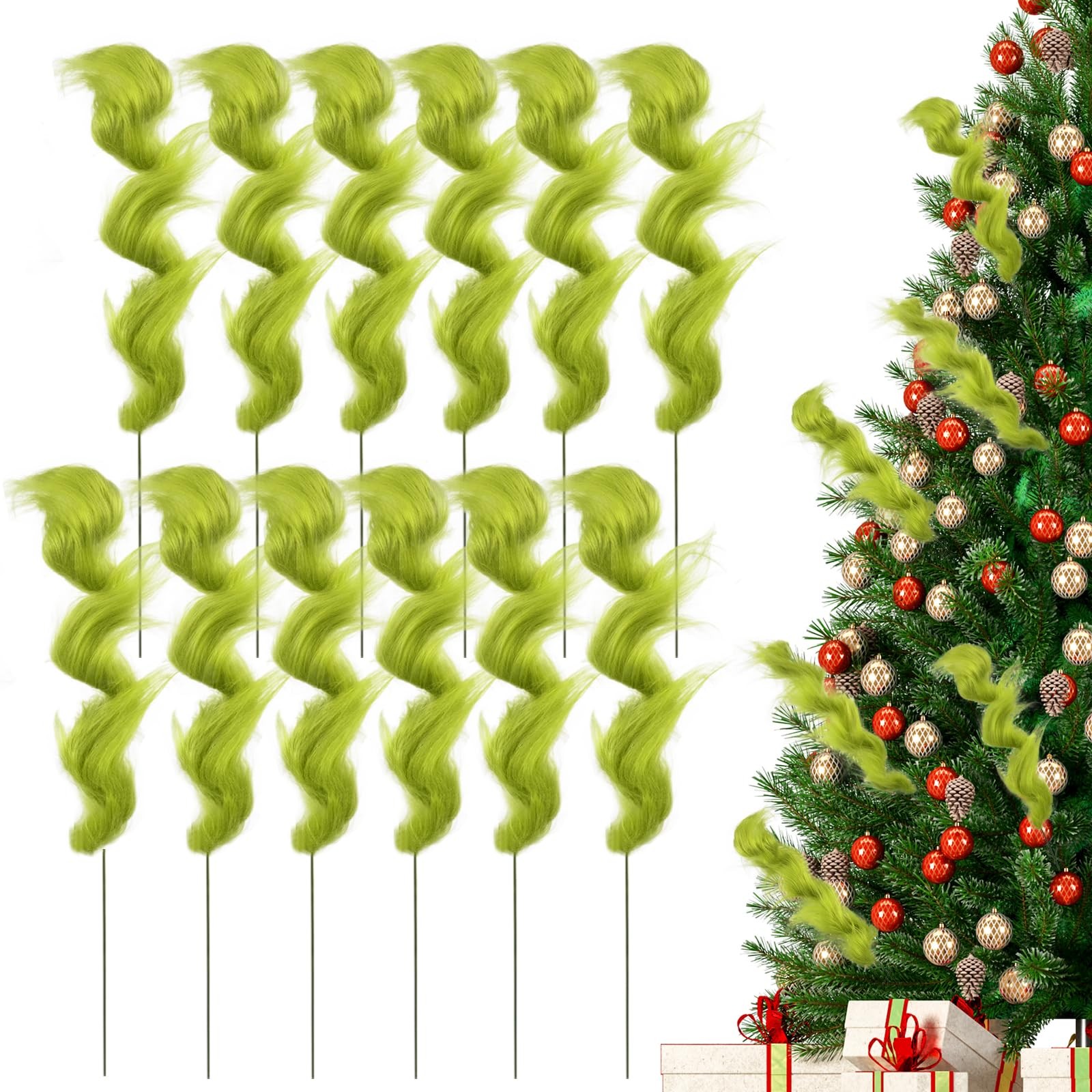 24 PCS Lime Green Furry Christmas Tree Picks Glitter Curly Berry Ornaments