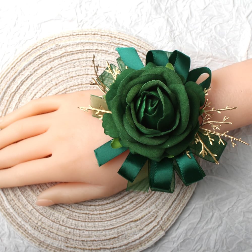 Green Rose Wrist Corsage Wristlet and Boutonniere Set for Prom Decoration 2 PCS
