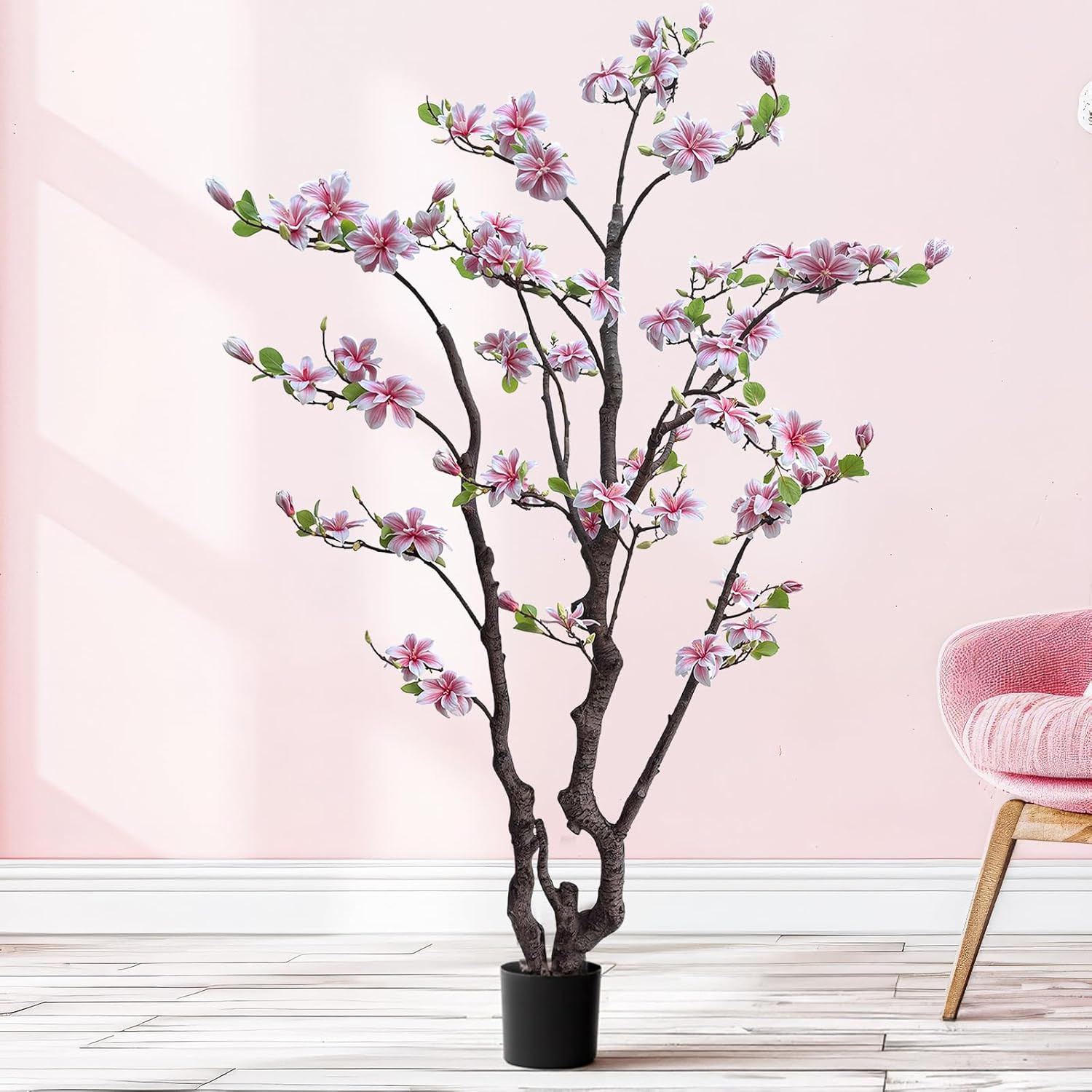 6Ft Pink Artificial Magnolia Tree – Realistic Faux Flower Plant for Home & Garde