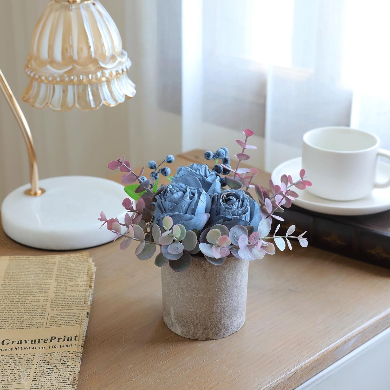 Small Artificial 2pcs Burnt Blue Rose Potted Plant, 6″ Fake Silk Flowers in 3…