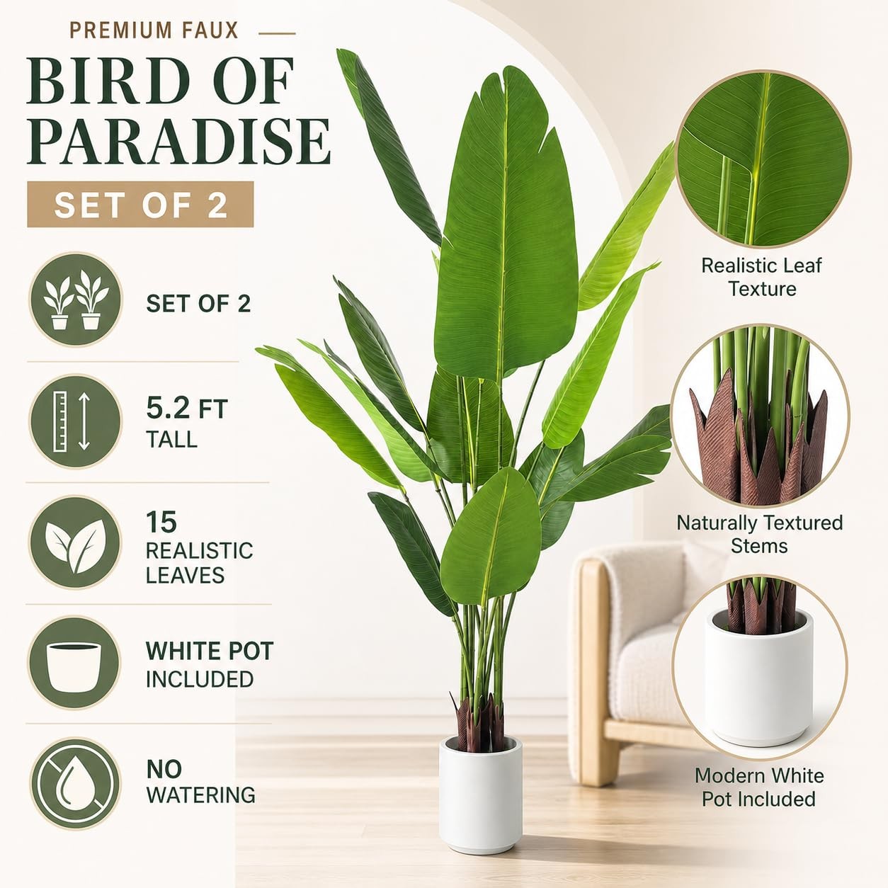 Artificial Bird of Paradise Plant 5.2ft, Faux Banana Leaf Tropical Trees with…