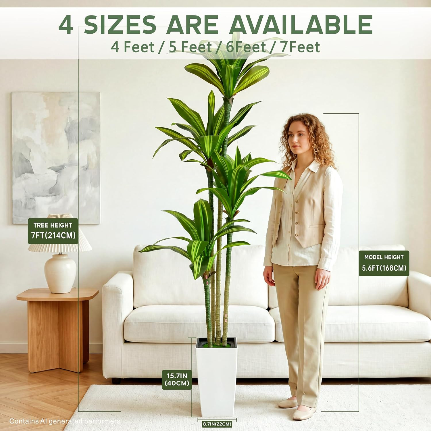 7FT Dracaena Artificial Plants Indoor,With White Tall Planter | Decor Fake Tree,