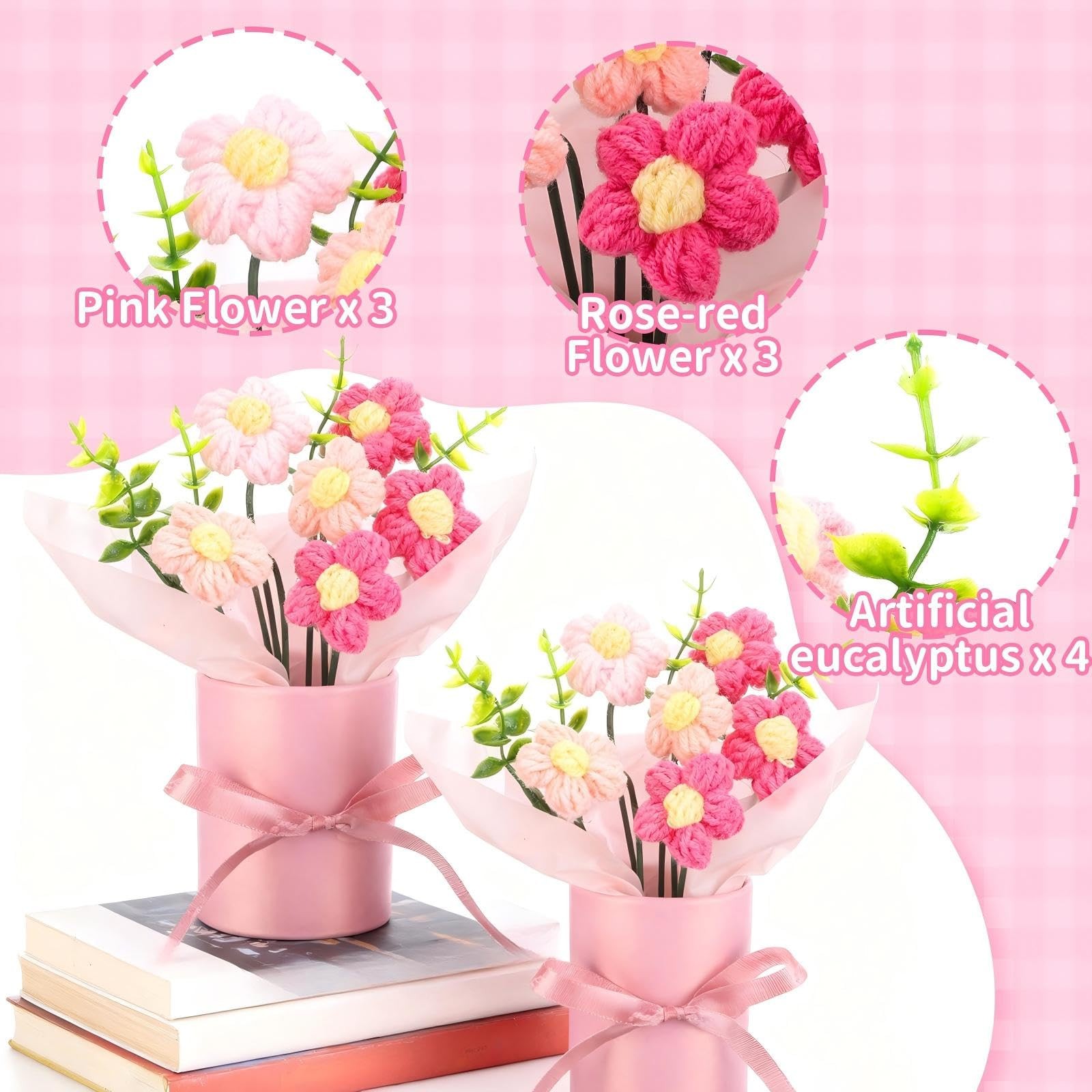 6 Sets Pink Mini Crochet Puff Flowers Potted Plants 4.7×5.9 Inch Gift Decor