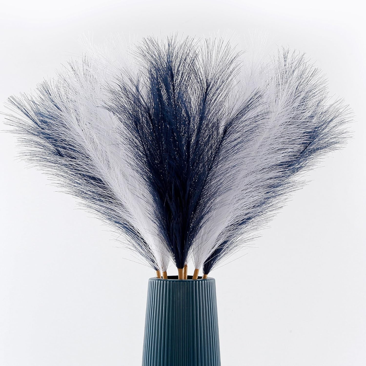 Faux Pampas Grass Large Fluffy 27.6Inch Tall, 6Pcs Navy Blue and White