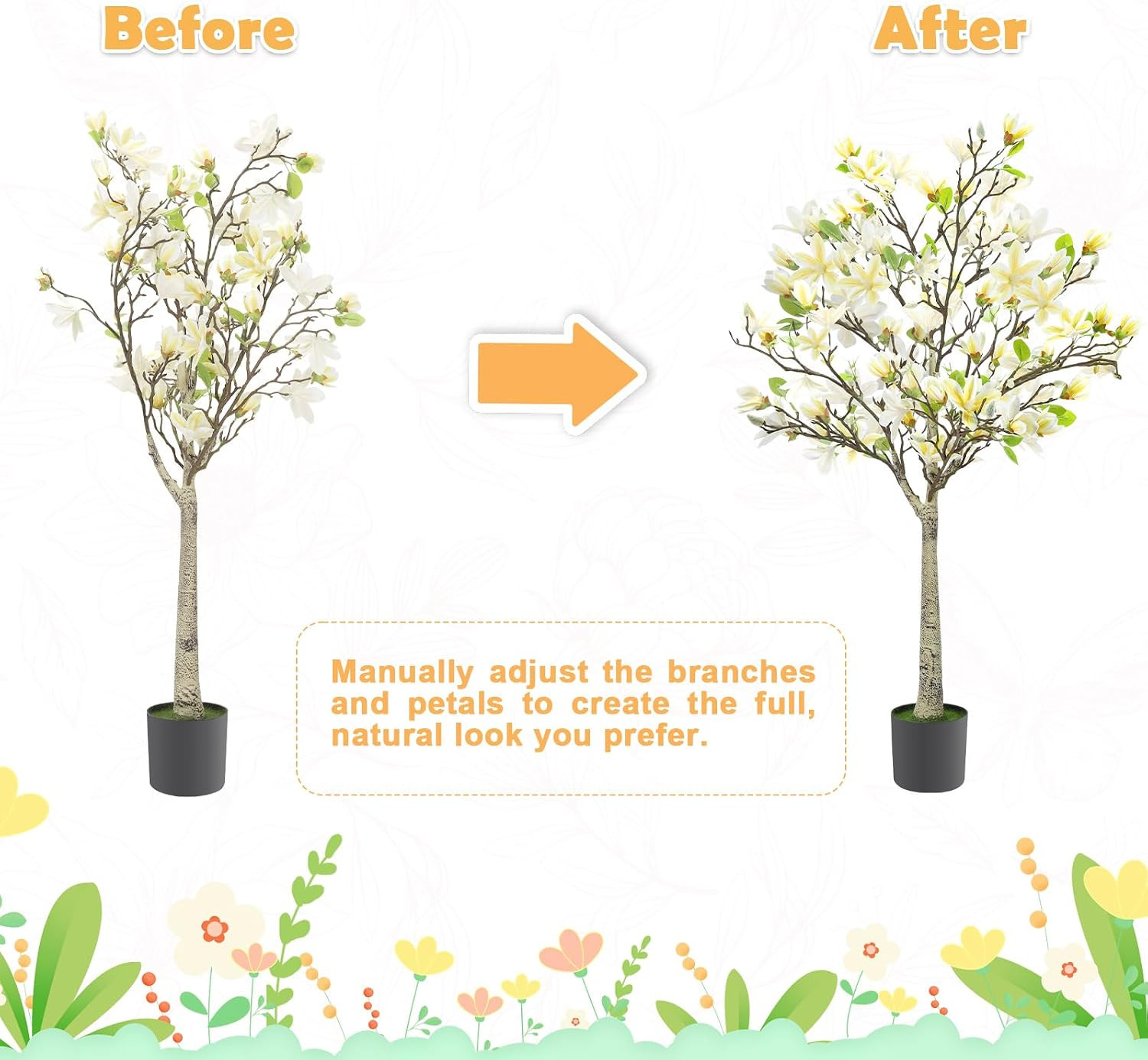 Faux Magnolia Tree 47.2″ with White Blooms, Indoor/Outdoor Farmhouse Decor