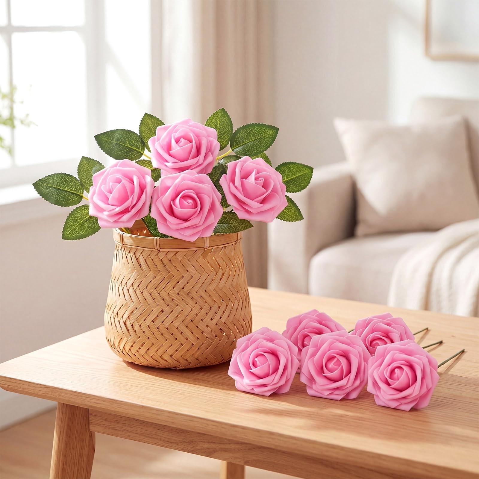 100 Pcs Faux Foam Rose Flowers with Stems for DIY Wedding Bouquets & Home Decor