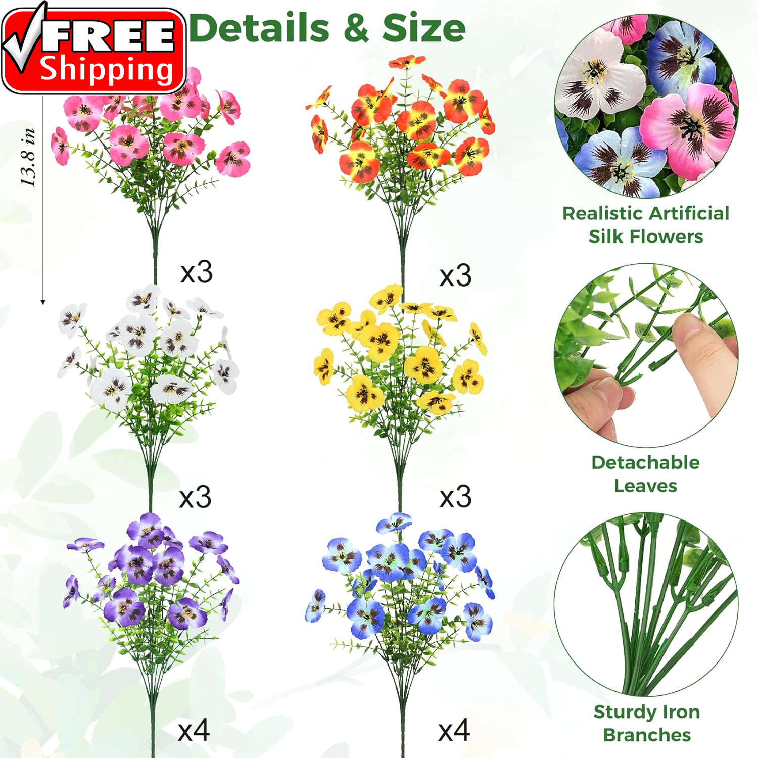 20 Bundles Artificial Pansy Flowers for Outdoors, Mixedcolor | Fake Pansies Silk