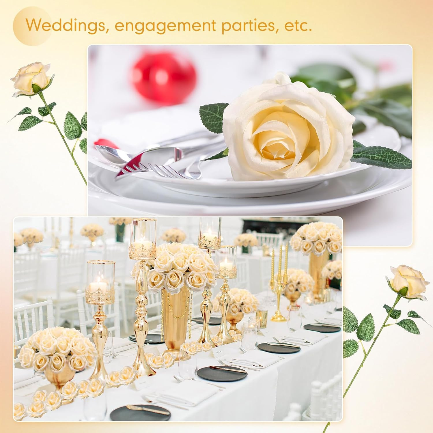 100 Champagne Silk Roses – Realistic Long Stem Flowers for Weddings & Decor