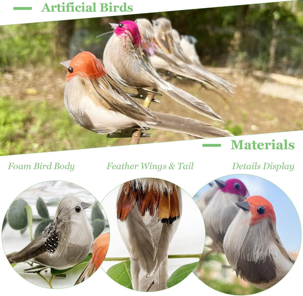 6pcs Artificial Birds Realistic 3.9-Inch Simulation Foam Feather Sparrow Bird Cl