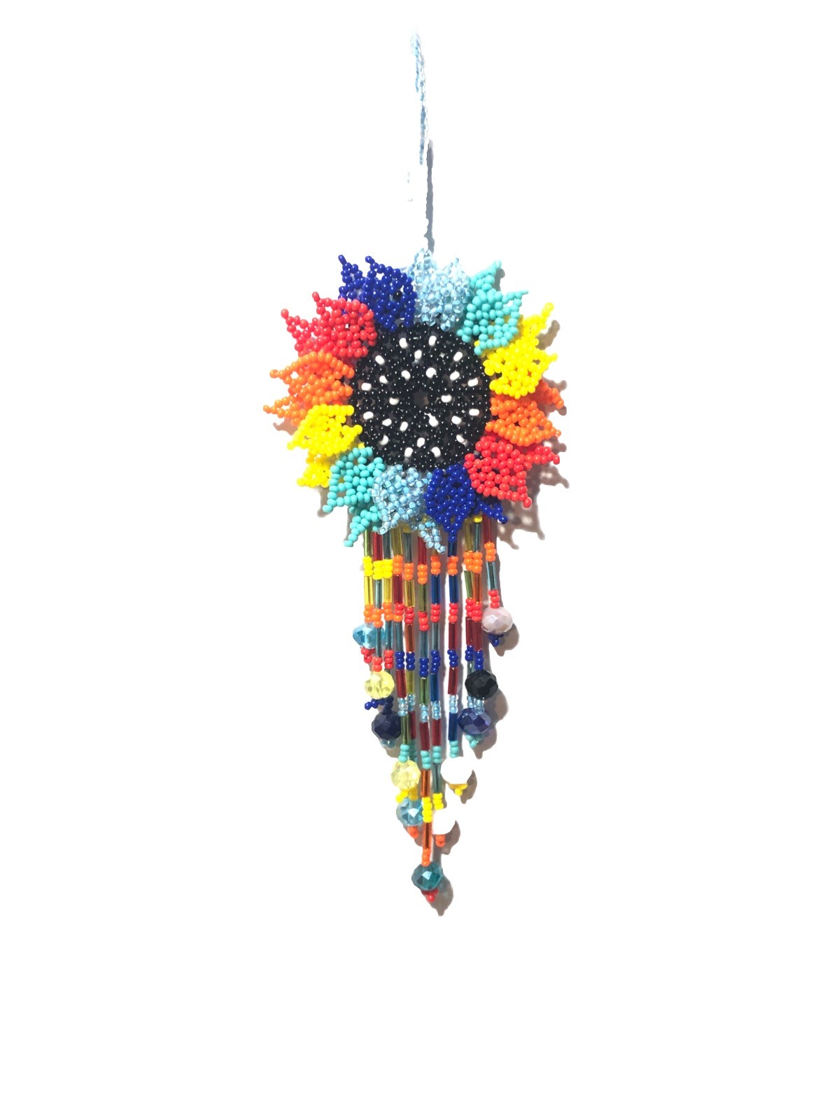 Hand Made Beaded Colorful Mexican Sunflower 5” Seed Bead Dangle Charm Ornament.