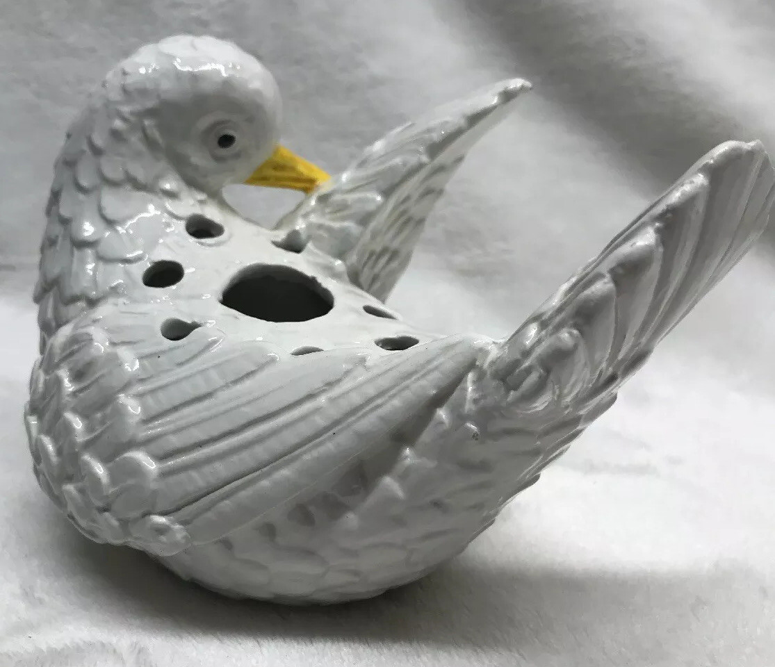 White Dove Frog Flower Arranger Made In Italy Signed