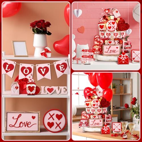 17 Pcs Valentines Tiered Tray Decor Set Red Pink Gnome Love Valentine