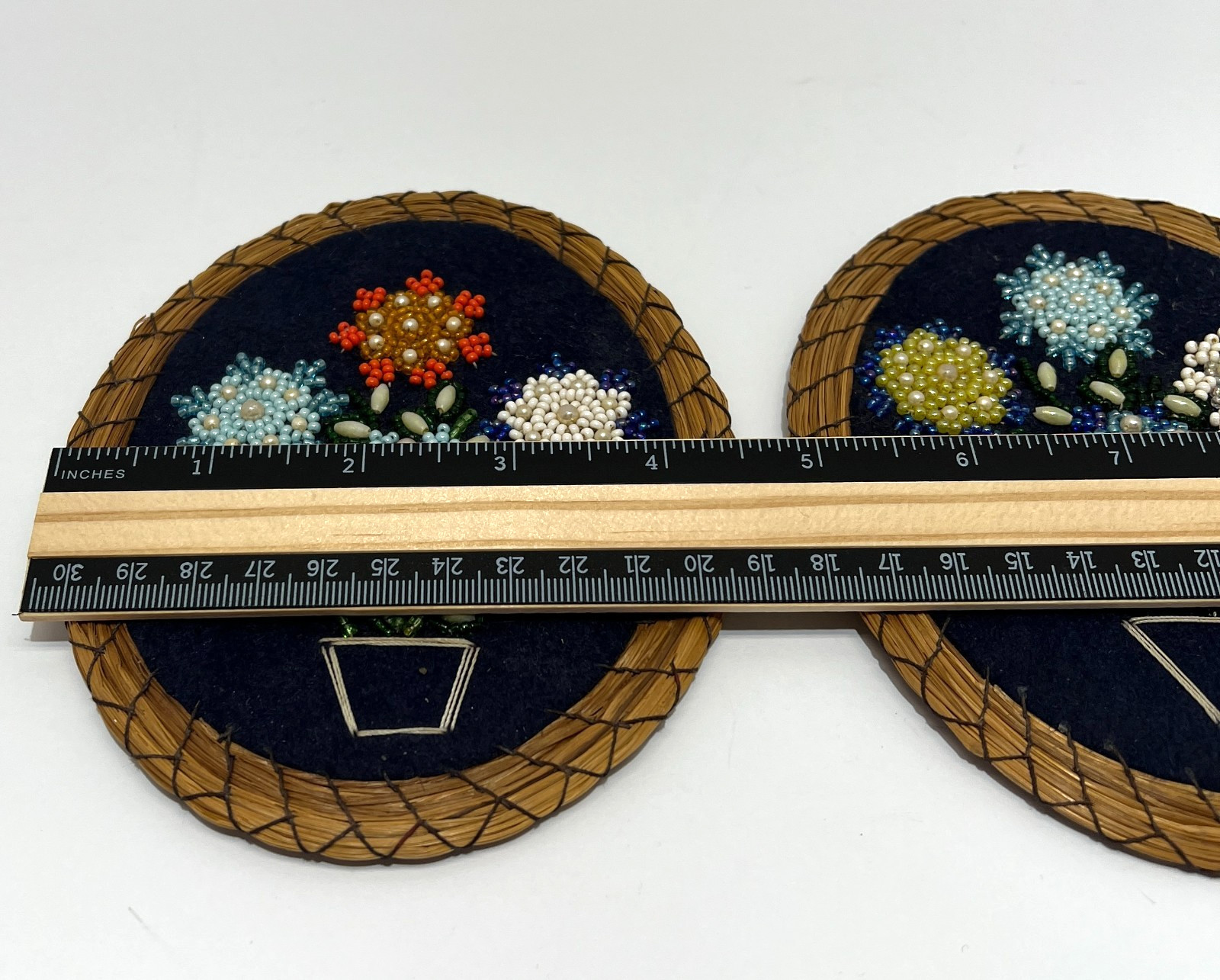 VTG Handcrafted Embroidery Beaded Art Floral Bouquet Blue Felt Sweet Grass Frame