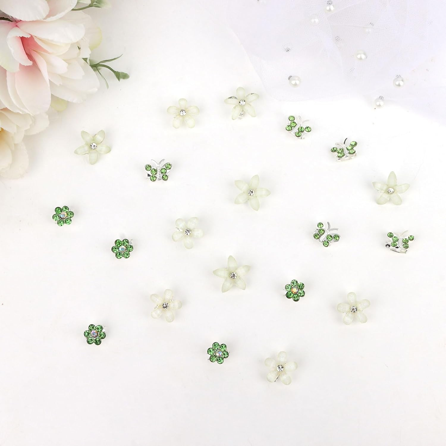 20 Pcs Mini Green Flower & Butterfly Rhinestone Hair Clips – Wedding & Bridal Ha