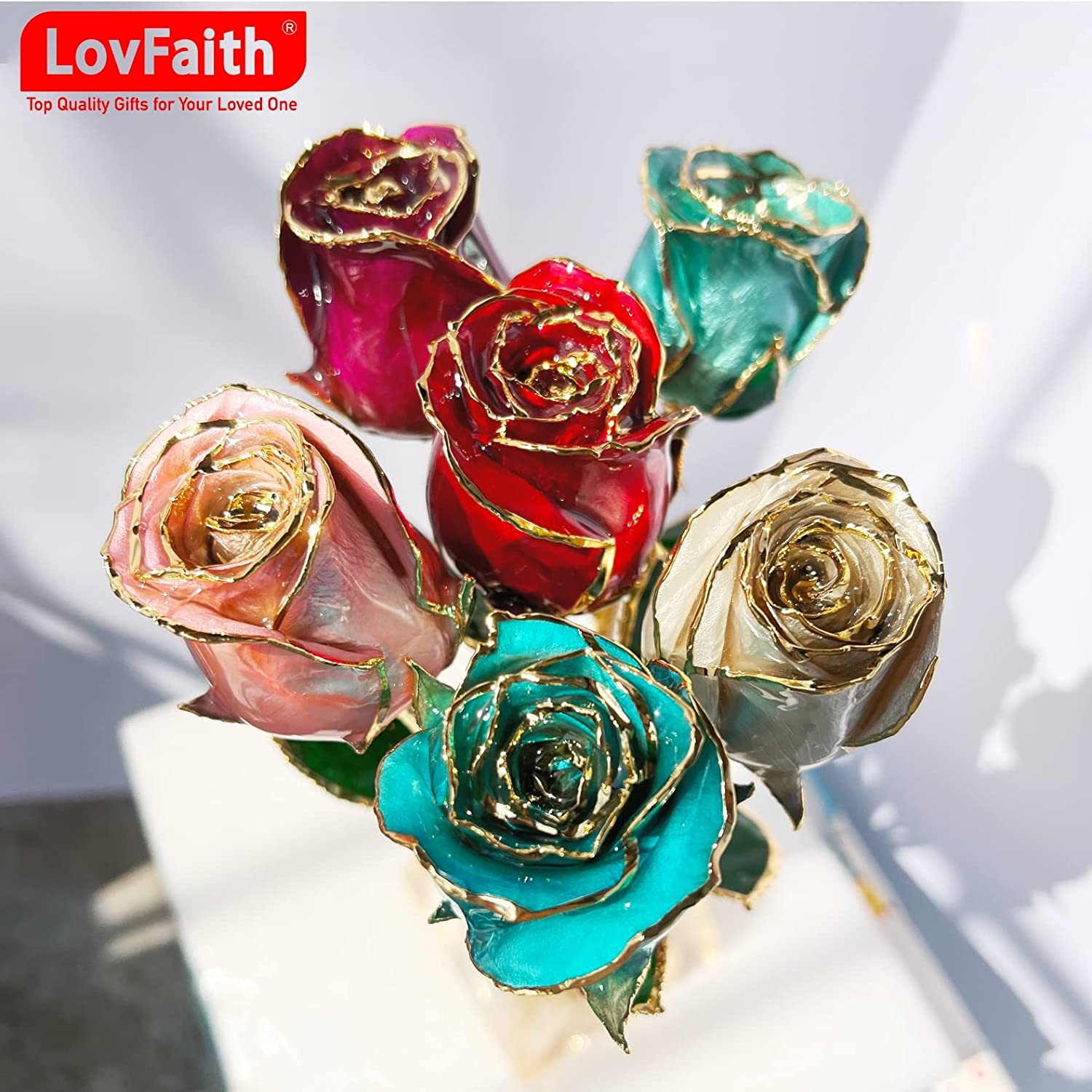Valentines Day Real Rose Dipped 24K Gold with Crystal Stand, Best Original Rose