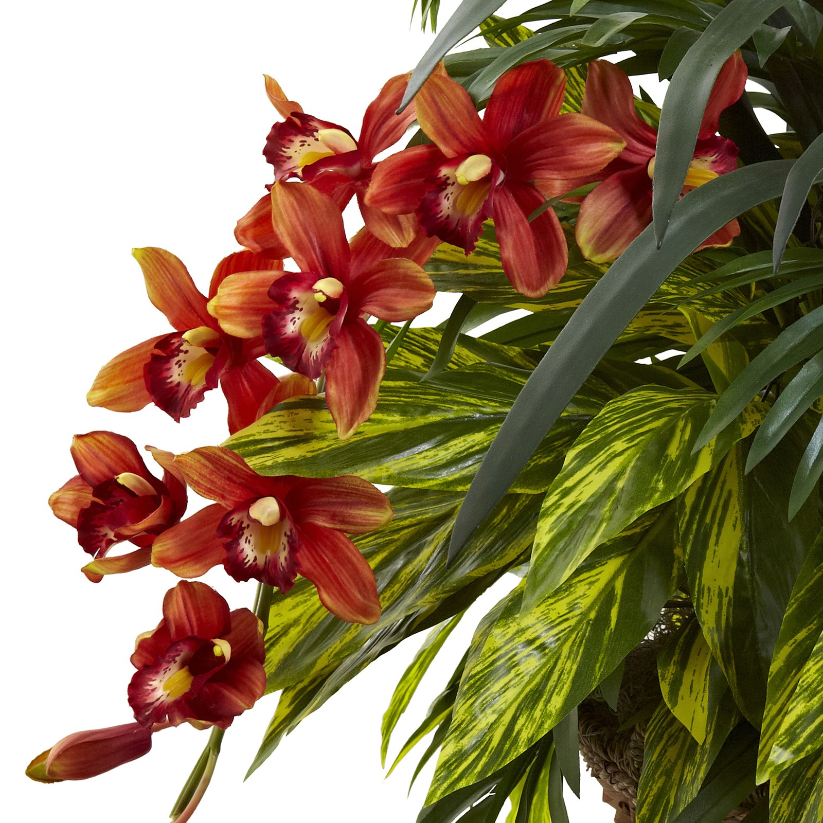 Nearly Natural Mixed Tropical & Cymbidium Hanging Basket in Red