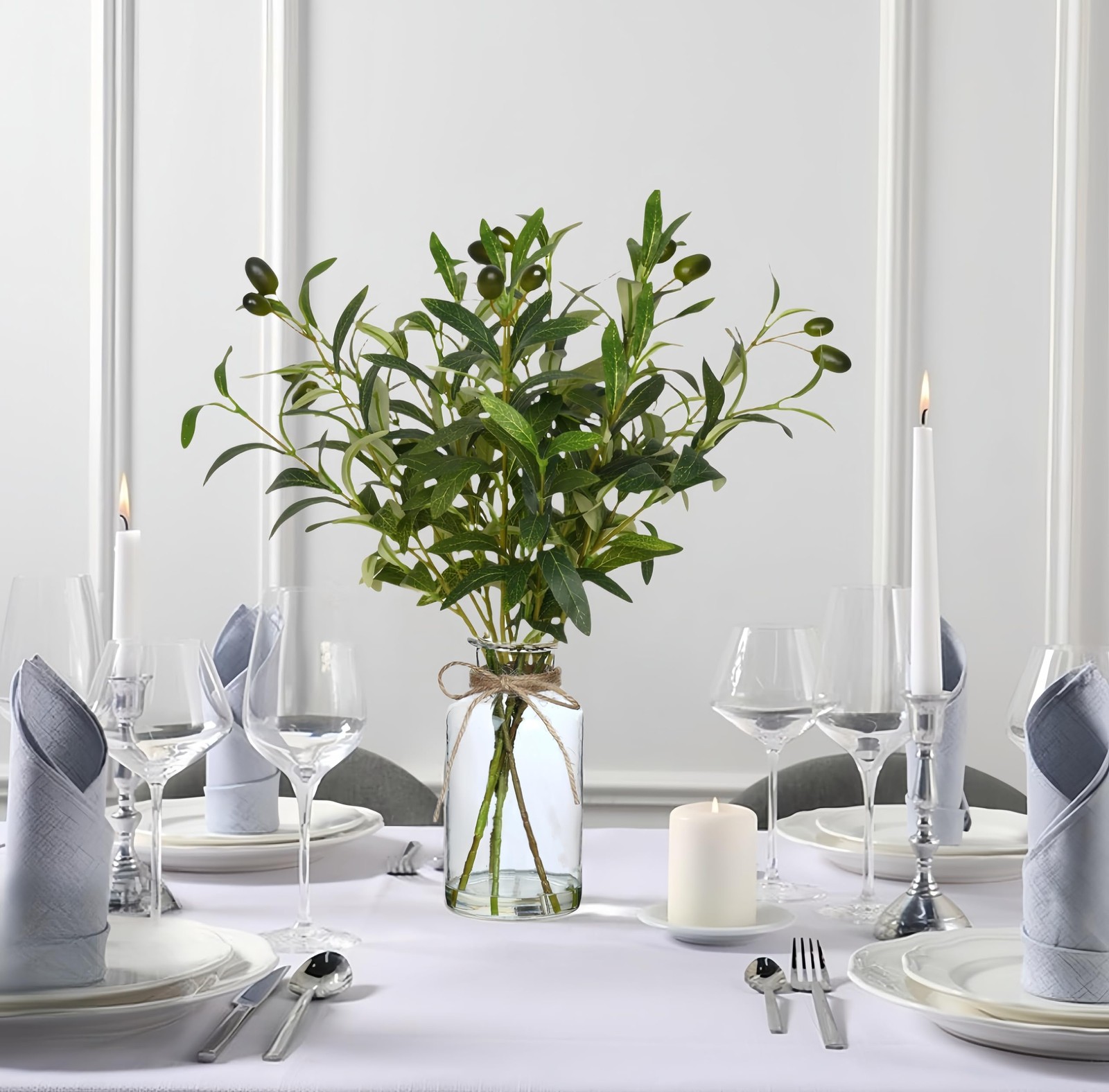 Artificial Plants Olive Branch in Glass Vase, 14.5” Fake Plant Greenery Stems…