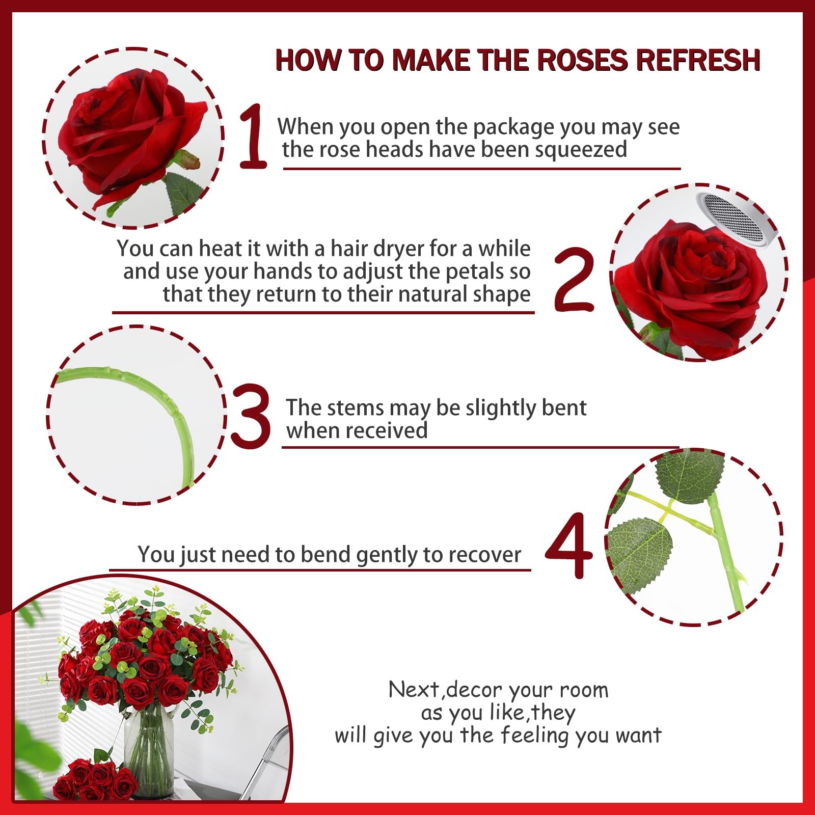 50PCS Artificial Silk Roses in Bulk & Bouquet Long Stem – Realistic Fake Rose…