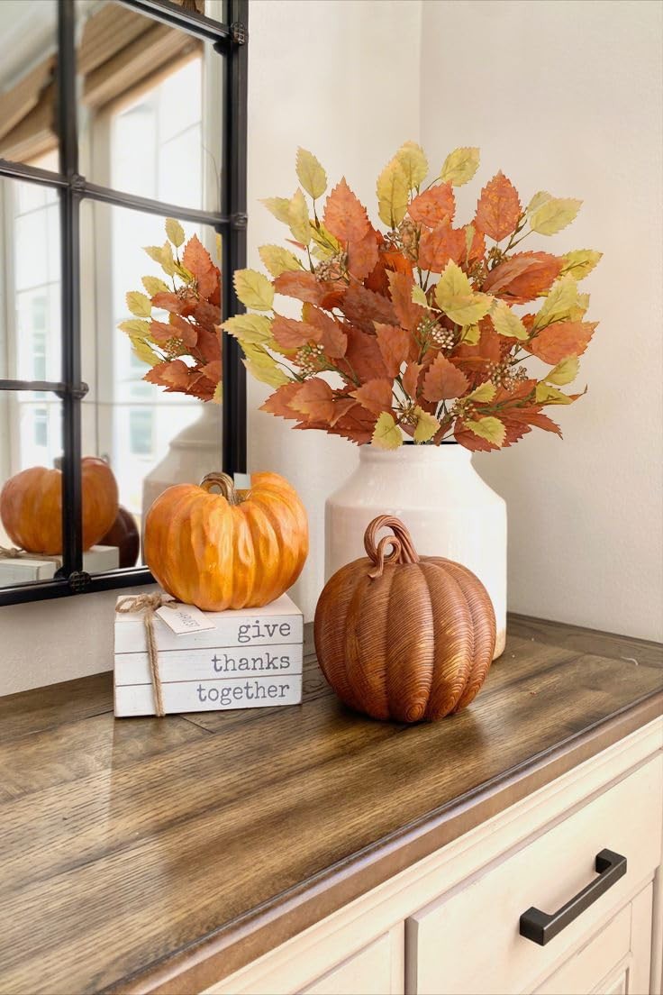 Artificial Fall Birch Leaves Stems – 2 Bundles Faux Autumn Foliage Arrangemen…