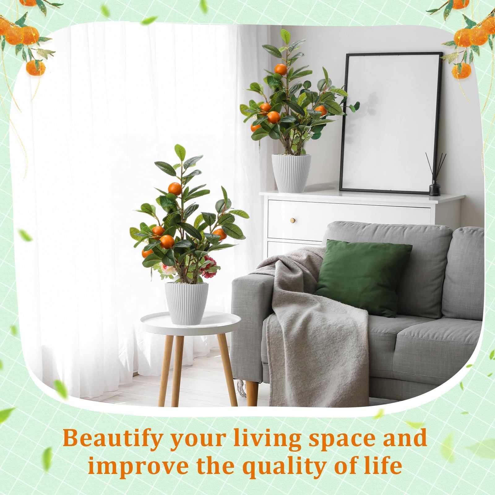 2 Pack Artificial Orange Potted Plants 19.7 Inches Fake Tree Fruit Pot Decor