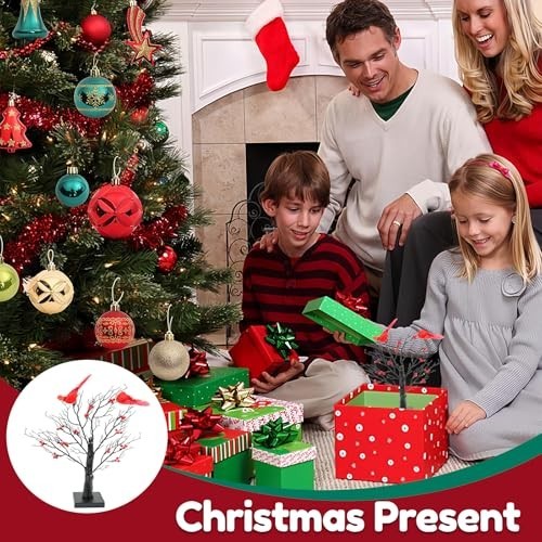 Set of 2 Vintage Glowing Trees with Cardinals, Dual Power USB/Battery Operate…