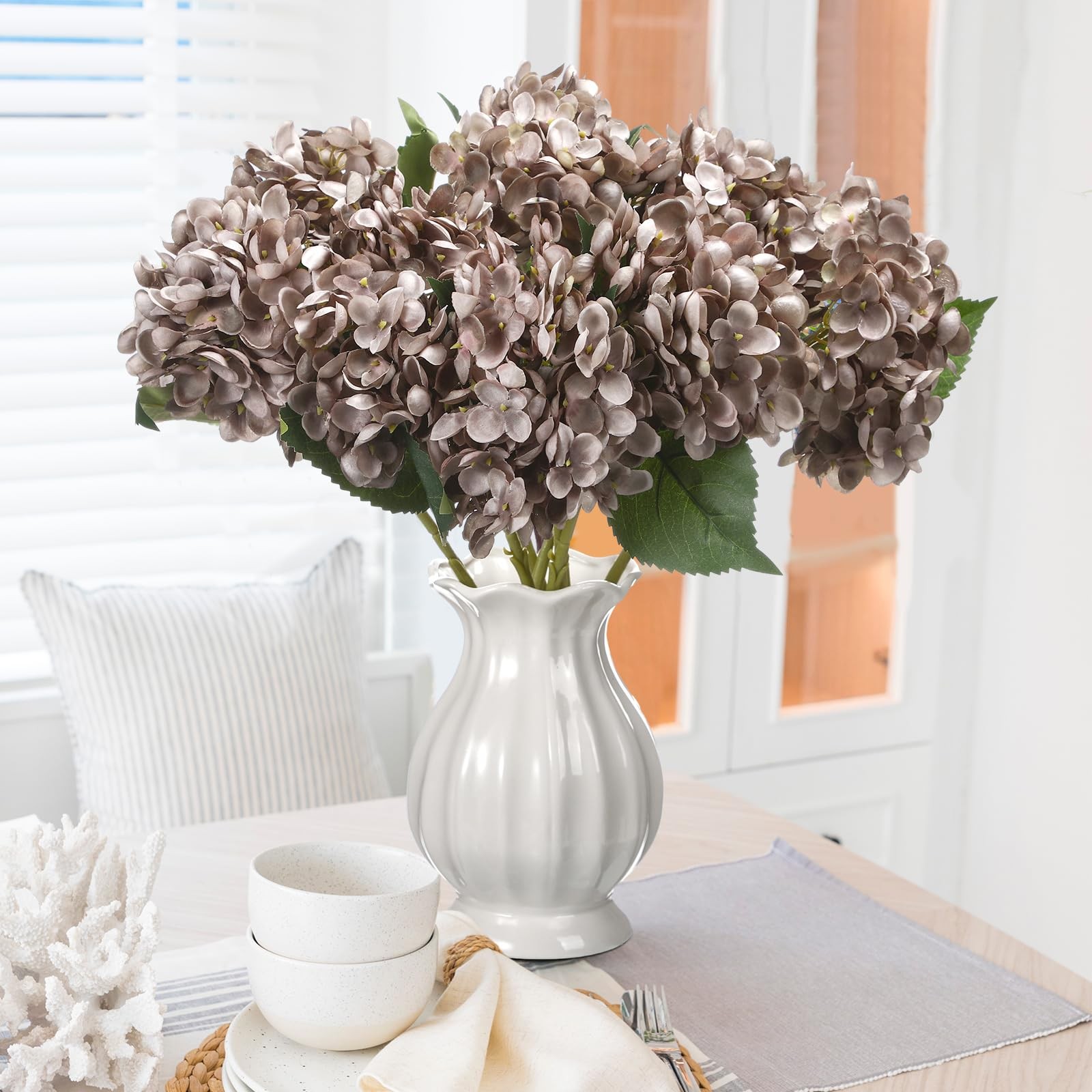 8 Pcs Coffee Brown Hydrangea Artificial Flowers 18 Inch Summer Faux Hydrangea…