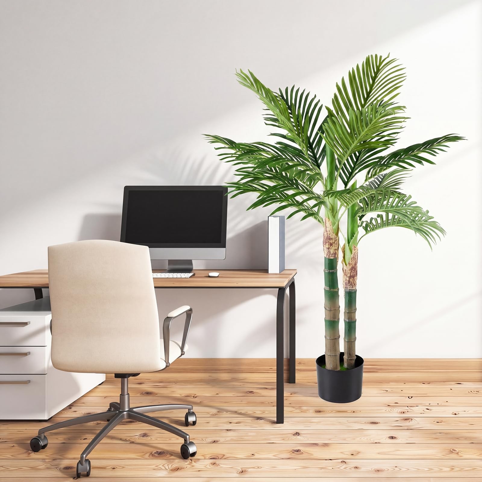 47in Artificial Palm Tree, Tall Faux Fake Plants Indoor with Black Planter Po…
