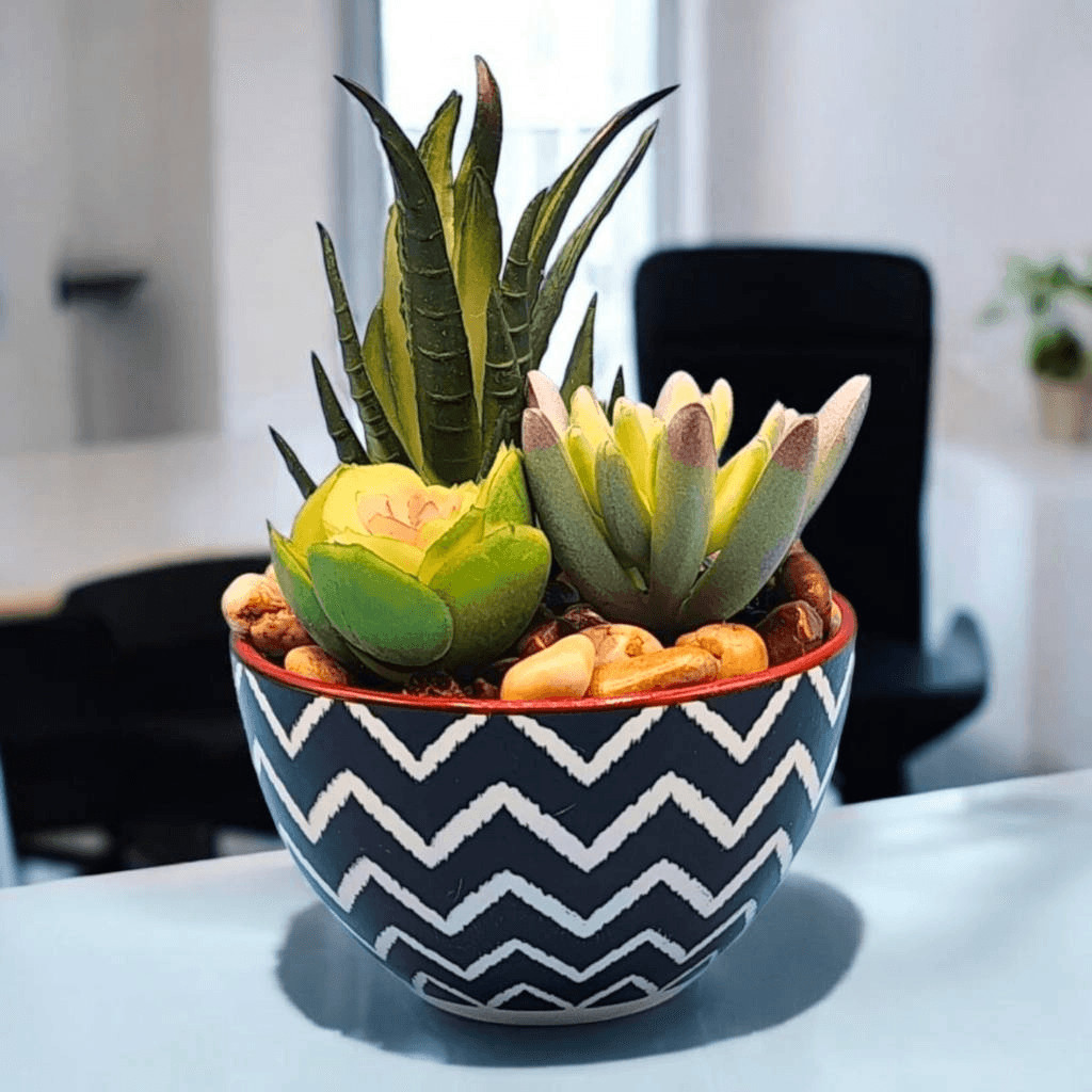 Faux Succulent Simulated Potted Plant Black White Red Chevron Pot Rock Accents