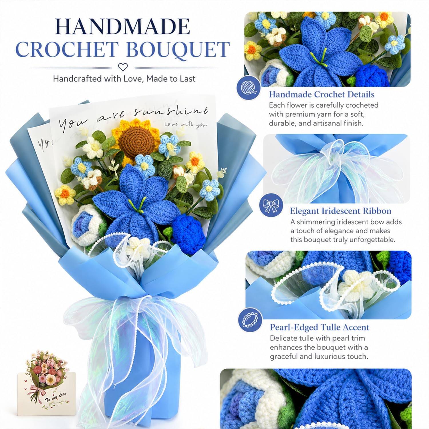 Crochet Flowers, Blue Crochet Flower Bouquet with 14 Knitted Flowers Sunflowe…