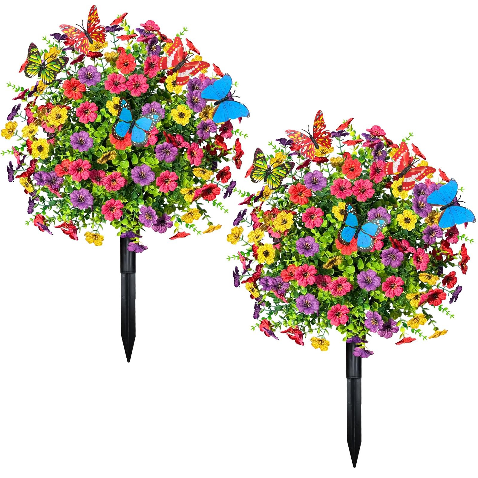 2 PCS Artificial Boxwood Topiary Trees with Flowers, 23.6″ Outdoors Fake UV R…