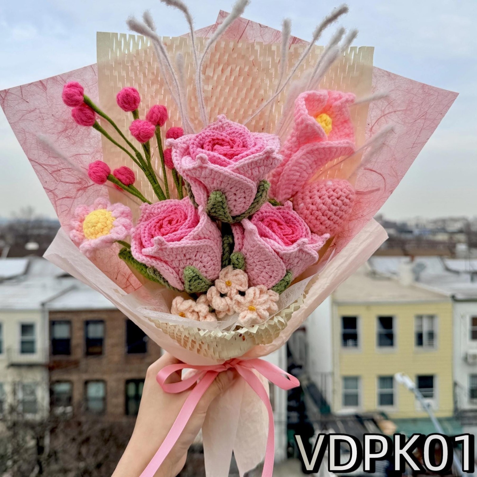 Pink Rose Crochet Bouquet Valentine Anniversary Gift for Her