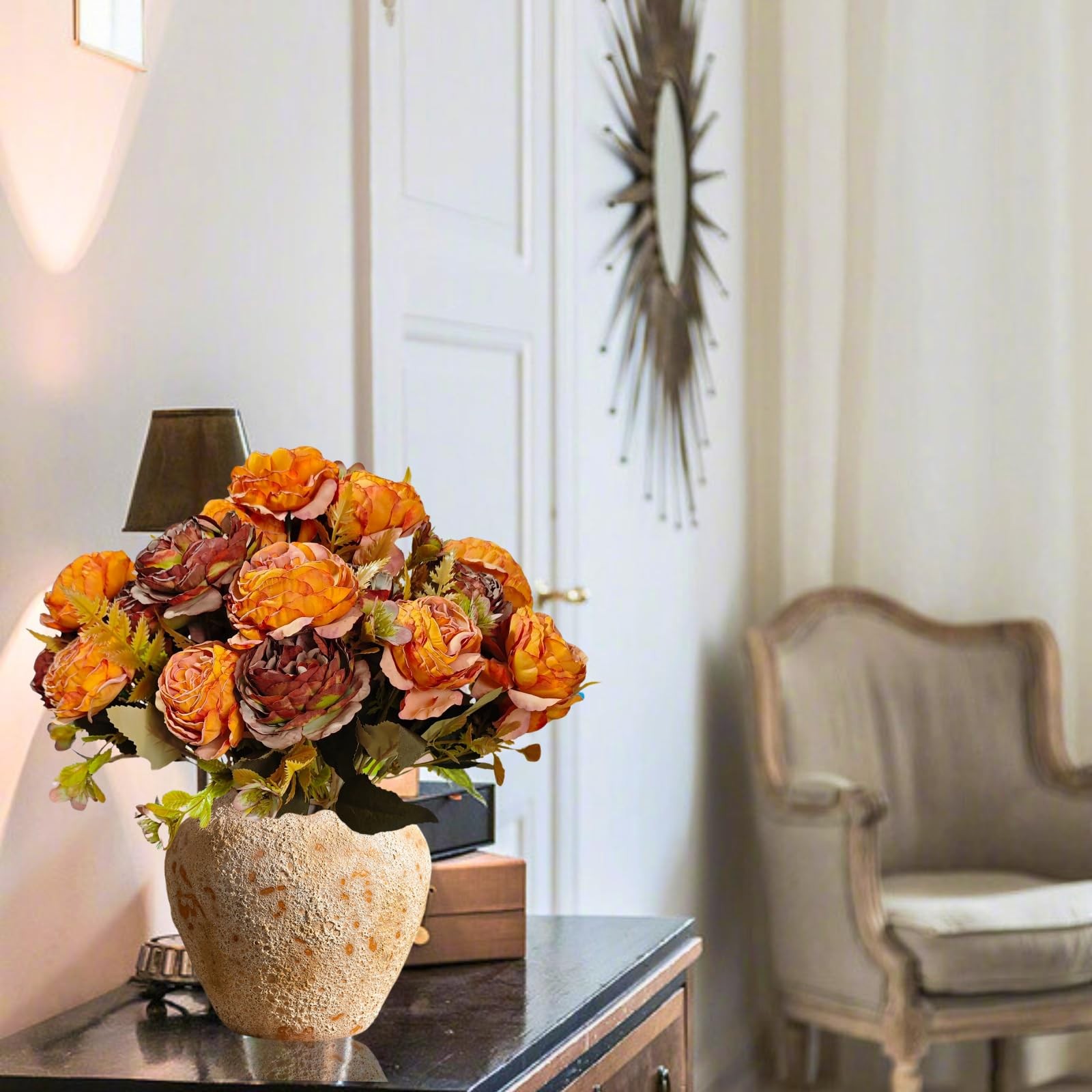 8 PCS Burnt Orange Peonies Artificial Flowers Fall Fake Peony Silk Bouquet Table