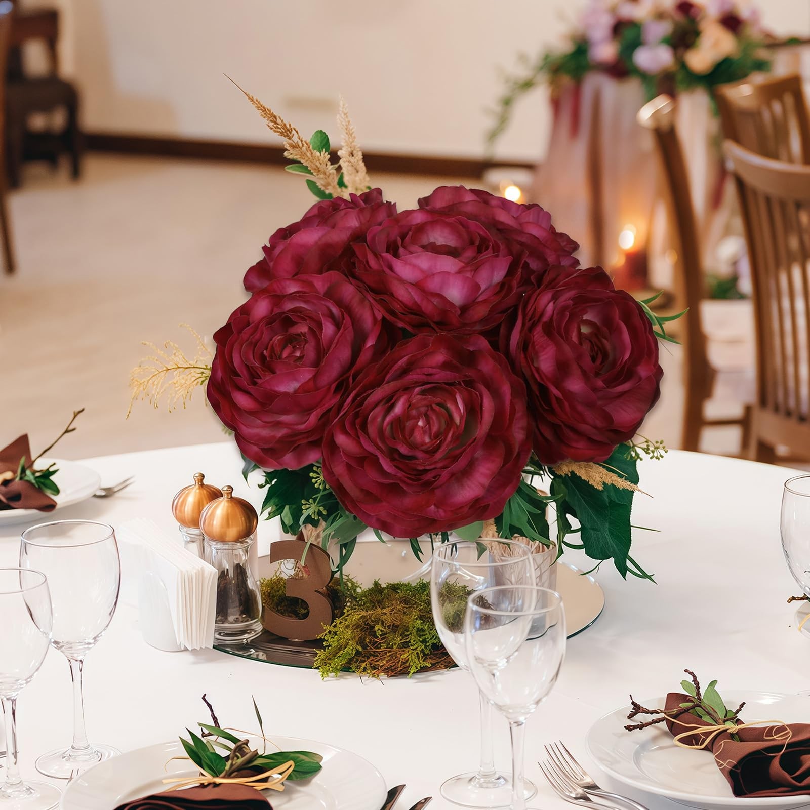 Dark Red Ranunculus Artificial Peonies Flowers Real Touch Wedding 6 PCS