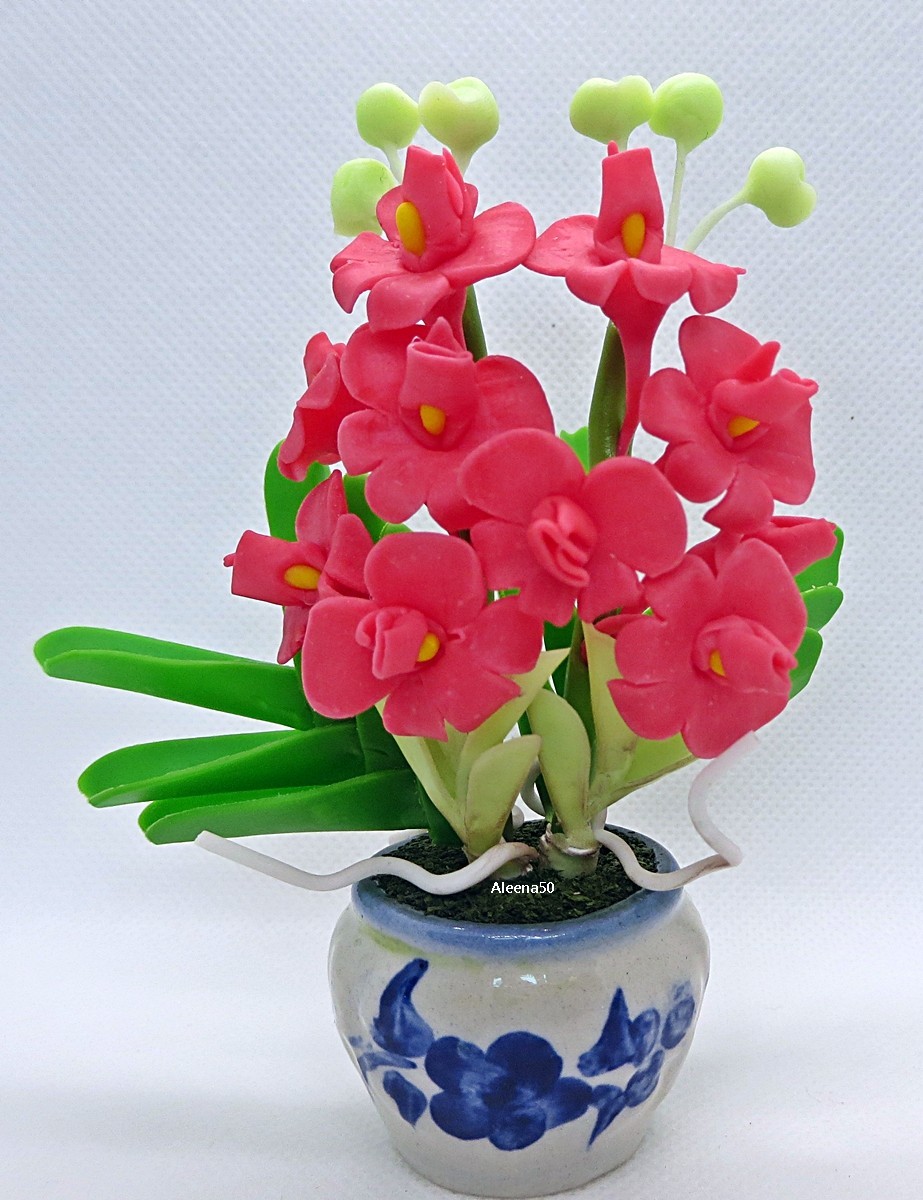 US Stock 5″H Handmade Air Dry Clay Mini Dendrobium Orchid Arranged in Pot