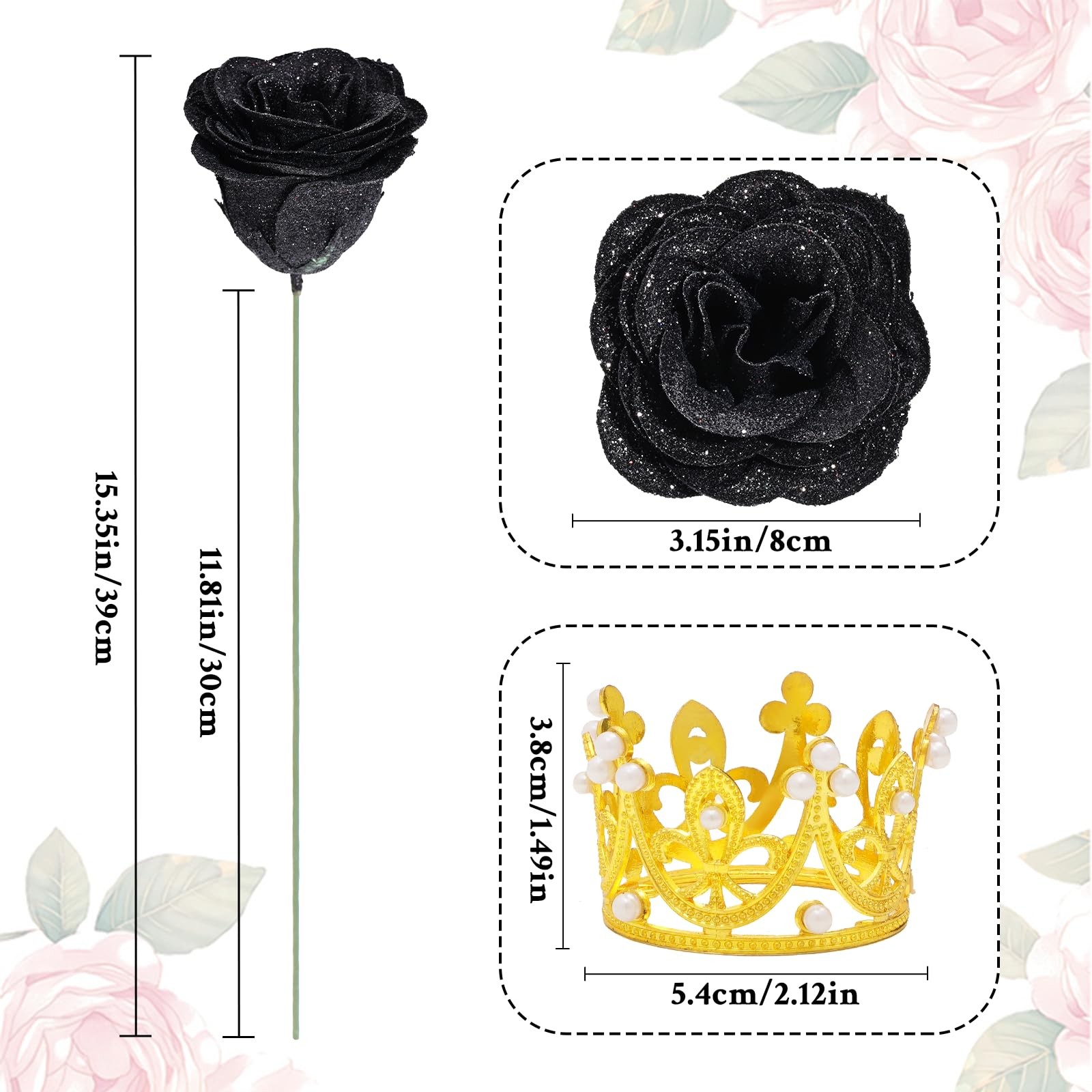 Black Glitter Roses Bouquet, DIY Fake Flowers Bouquet, Everlasting Shiny Arti…