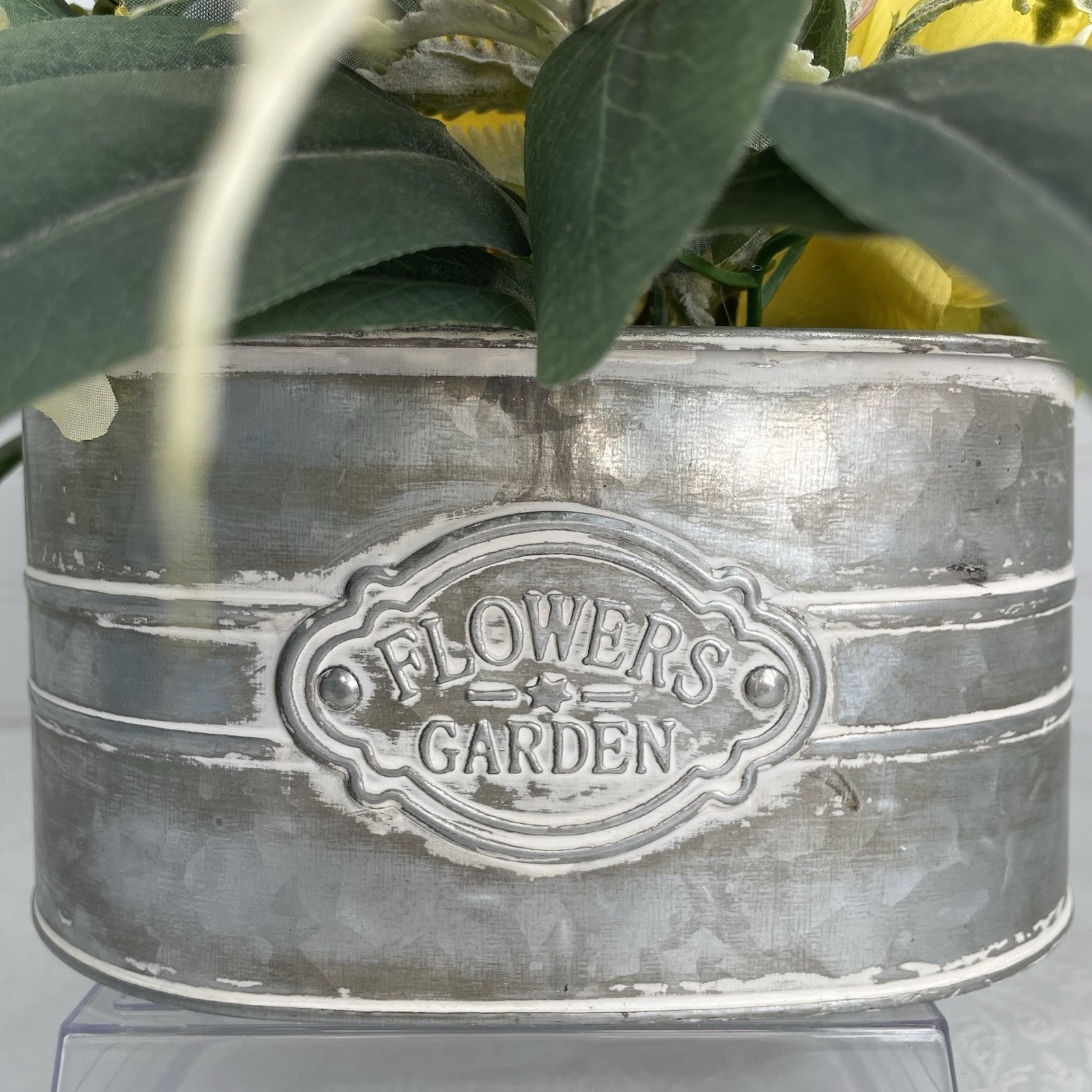 Artificial Floral Basket Arrangement Centerpiece Yellow Flowers in Metal Planter