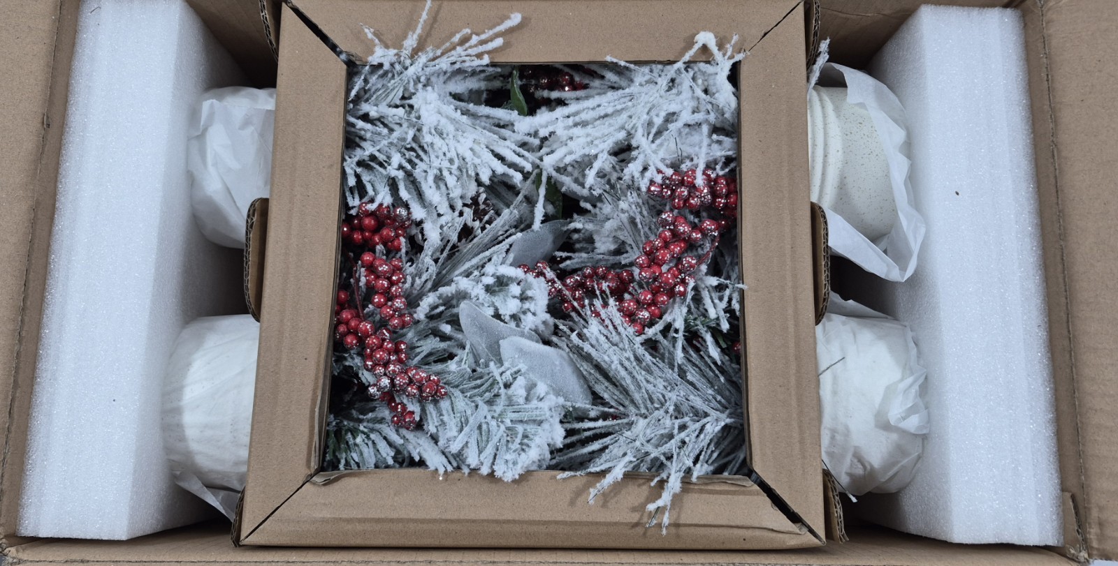 Case Of 4 Holiday Centerpiece Vase Flocked Pinecone & Red Berry Mix Ashland