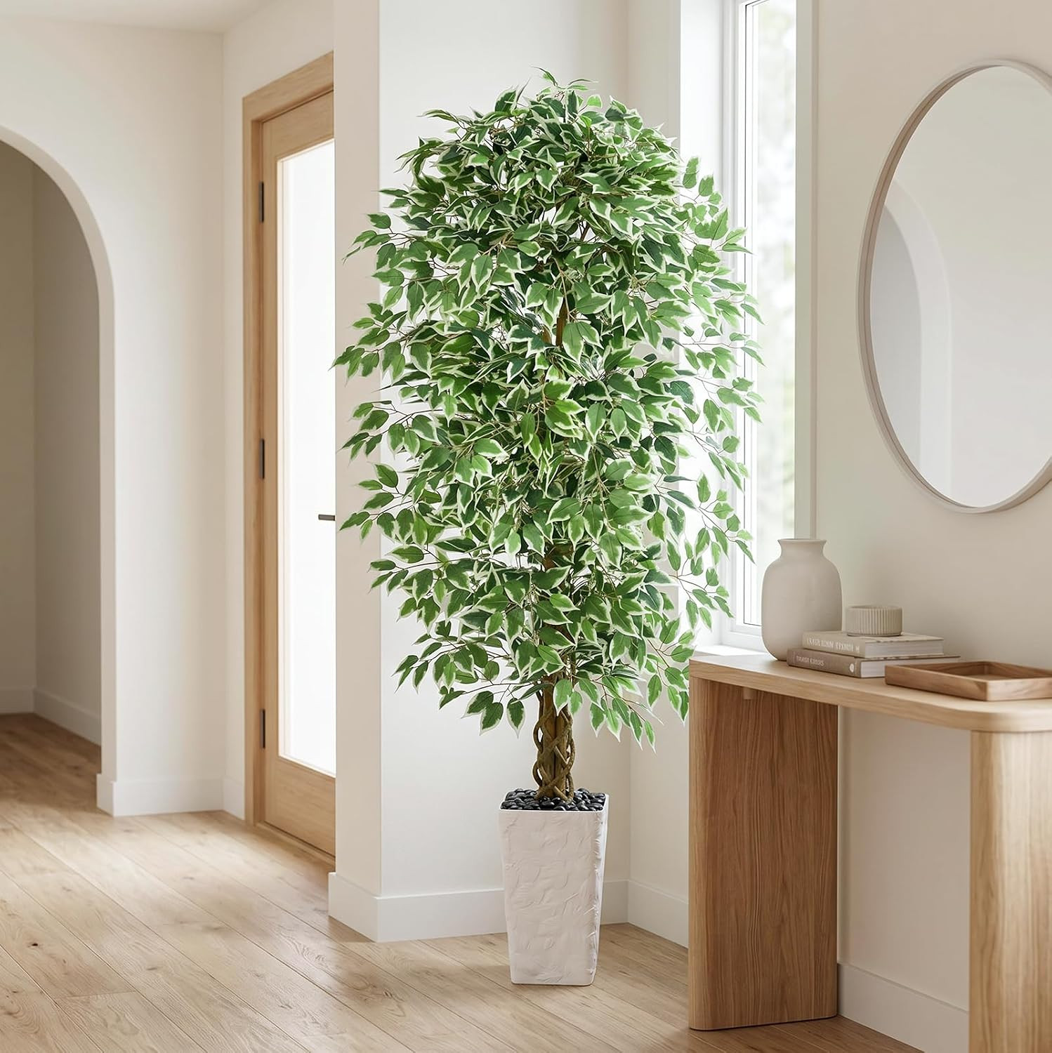 6FT Artificial Ficus Tree, Tall Fake Ficus Tree with Natural Wood Trunk & Silk L