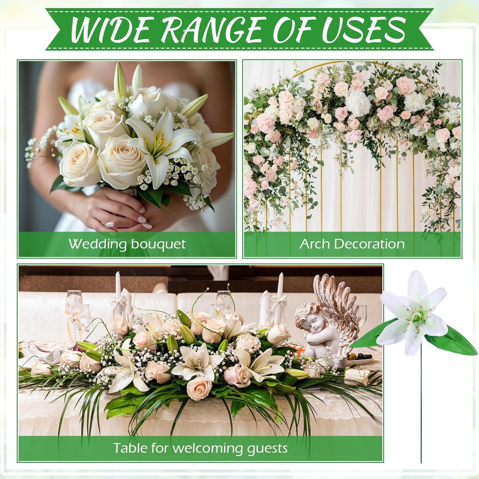 24 Pcs Artificial Lilies Flowers Fake Silk Lilies with Stem and Green Leaf Fa…