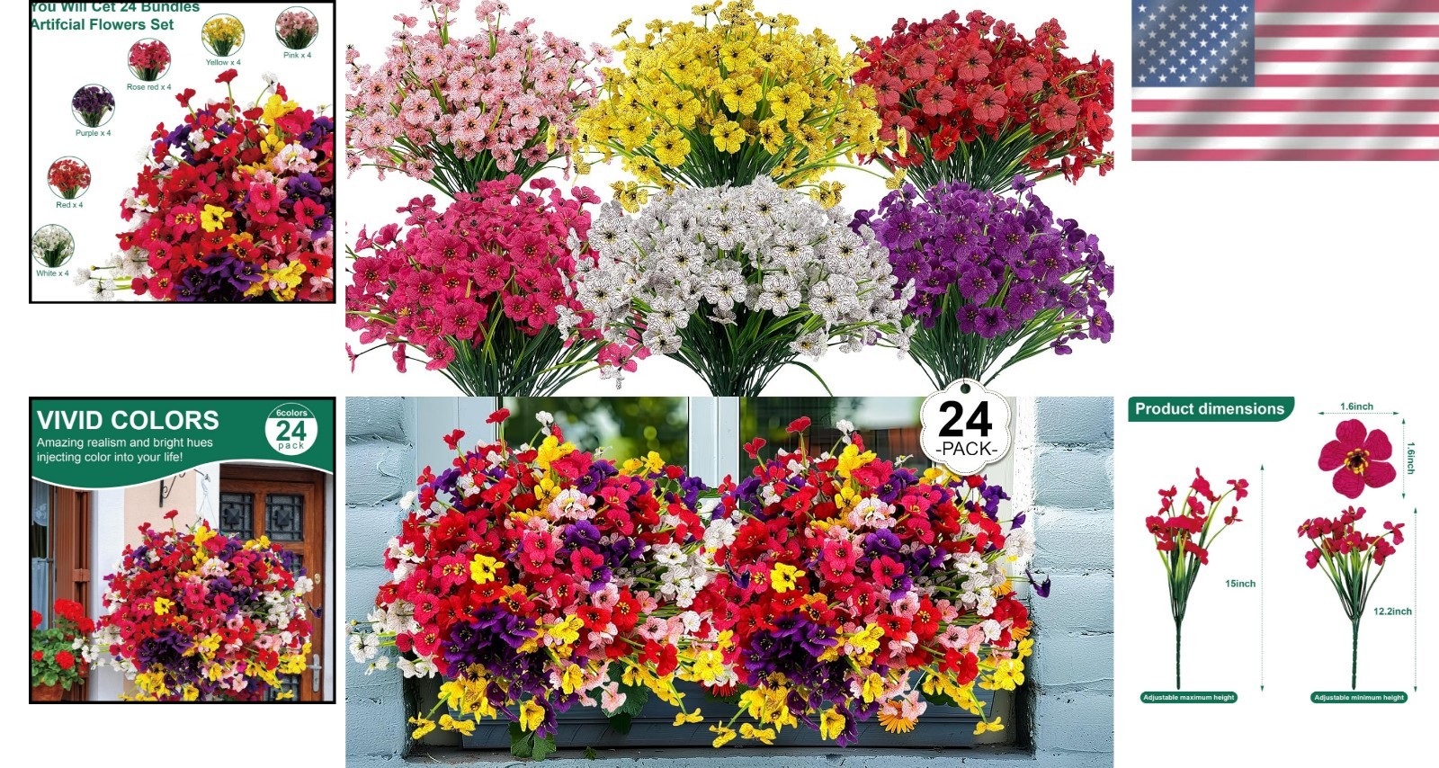 24 Bundles Artificial Flowers for Outdoors Fake Silk Flowers UV Resistant Faux