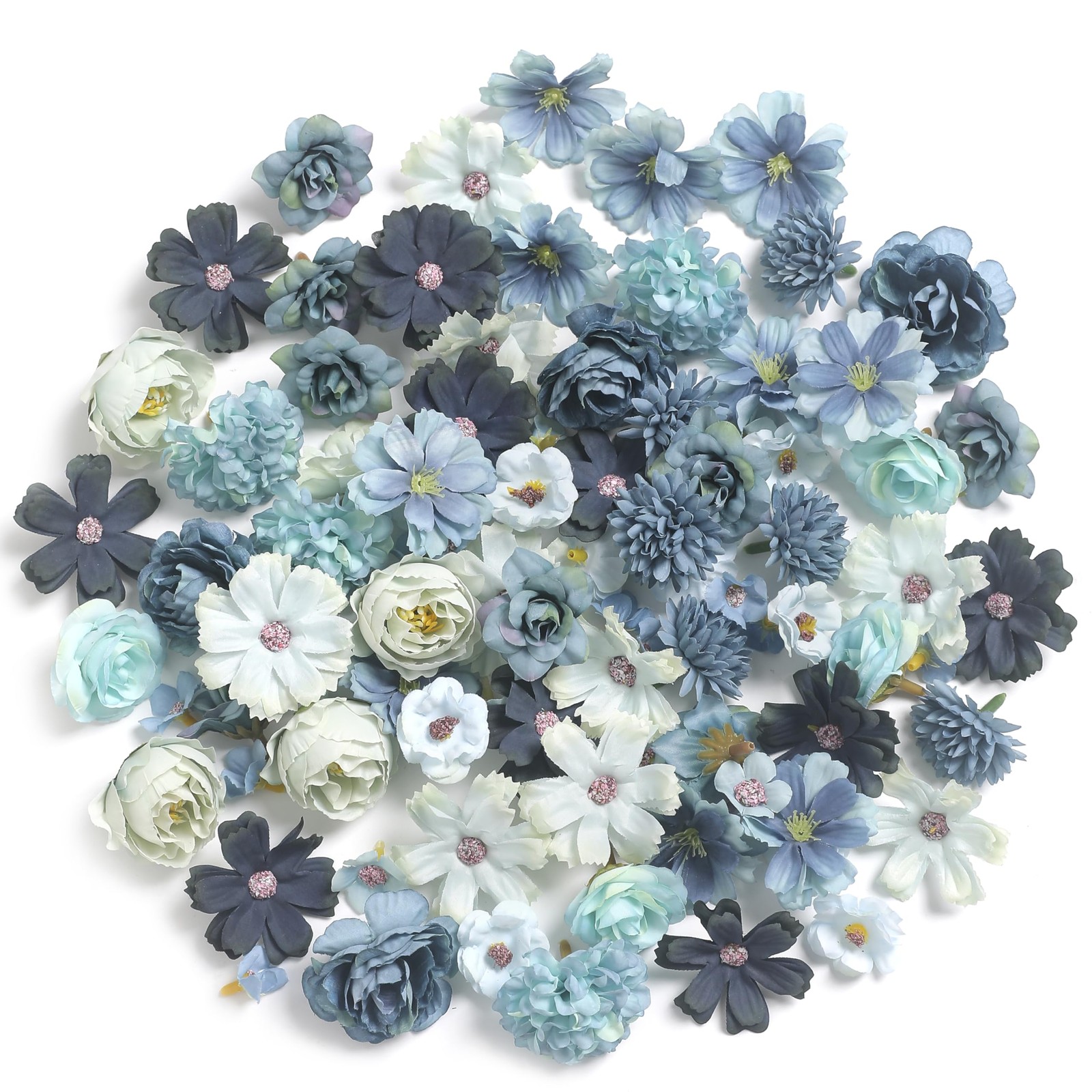 125 PCS Faux Flower Heads Small Silk Artificial Mini Roses Daisy DIY Blue