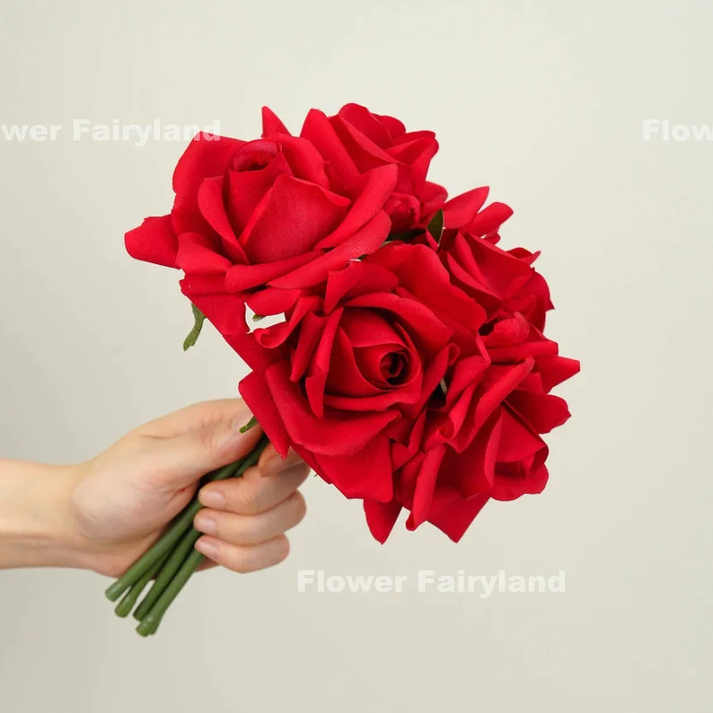 5 Stems Real Touch Moist Latex Rose Bouquet – Bright Red | Artificial Flower